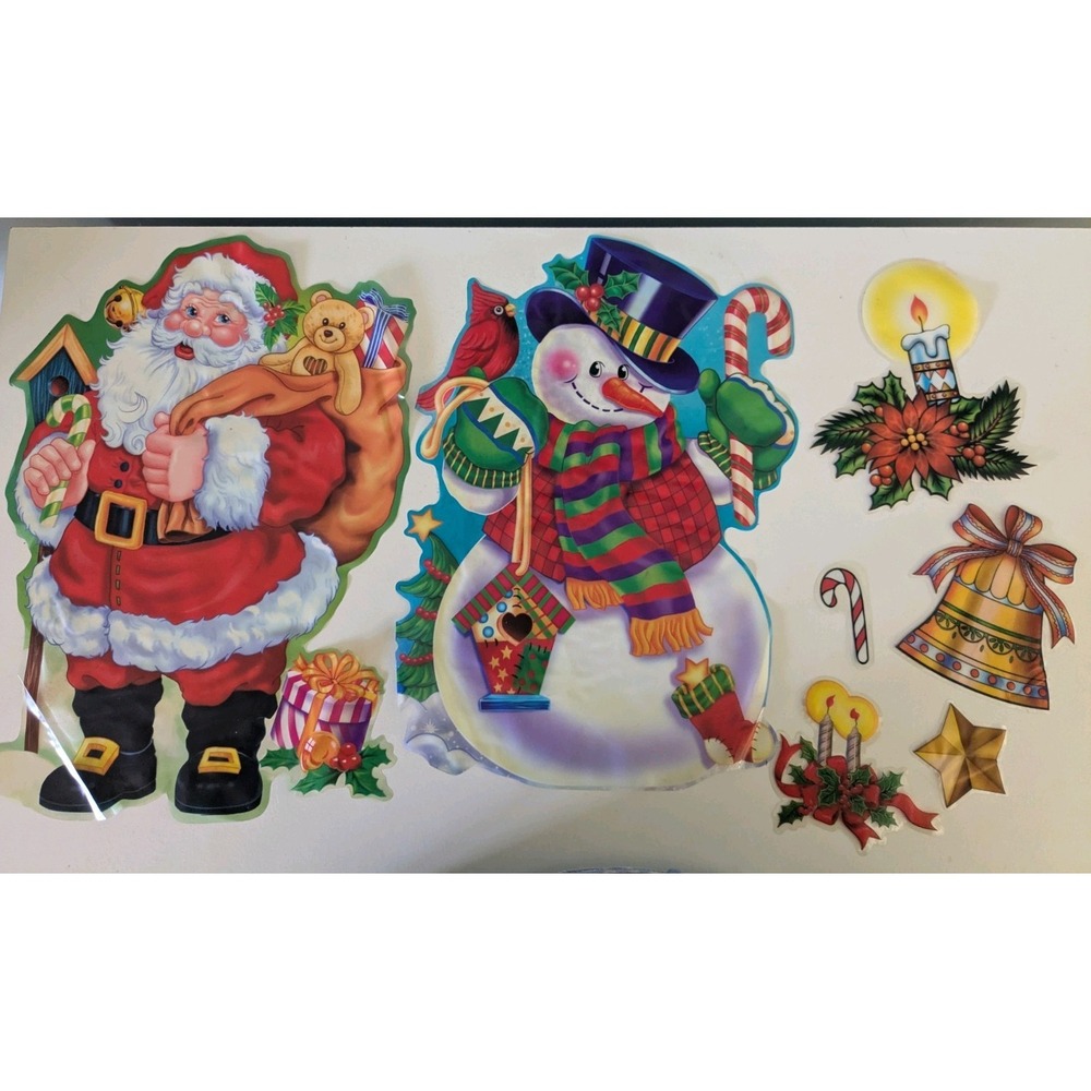 Vintage Christmas Window Clings Santa Snowman Holiday Decor Lot